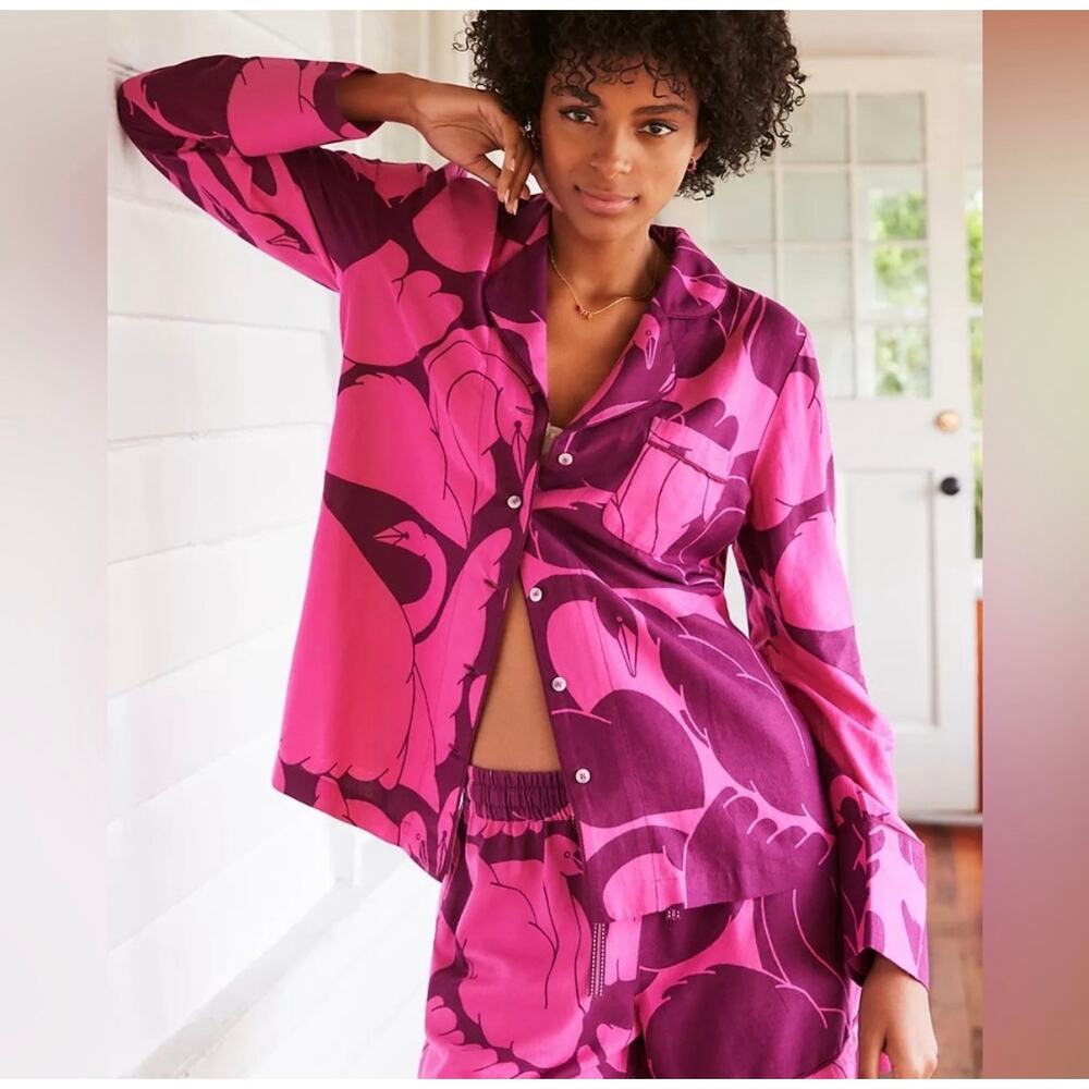 Anthropologie Pink & Deep Magenta Floral Satin Pajama Top Only